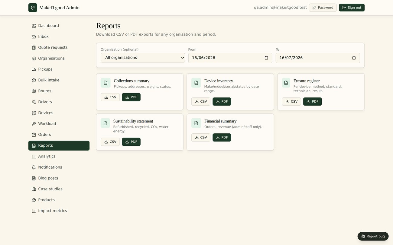 WipeTrail exportable reports for collections, inventory, erasure and sustainability
